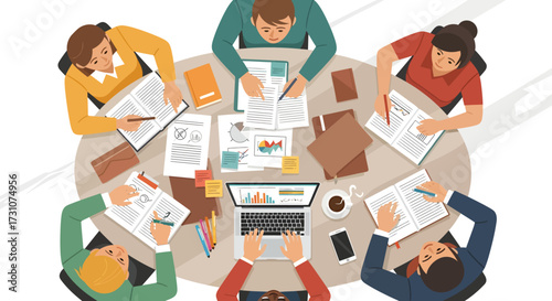 Illustration of a business meeting with people sitting around a table with documents and a laptop.