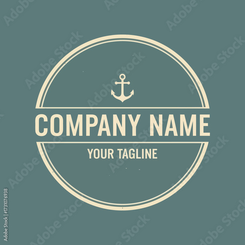 Nautical Company Logo Emblem with Anchor Icon, 'COMPANY' Text, and 'YOUR TAGLINE' Placeholder, set within a Cream Circular Frame on a Muted Teal Background., Flat Vector Elements, Vector