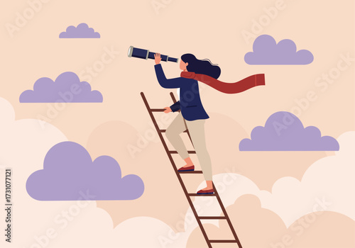 Businesswoman Ascends Ladder, Uses Telescope for Vision, Ambition, Leadership & Career Growth in Vector Illustration