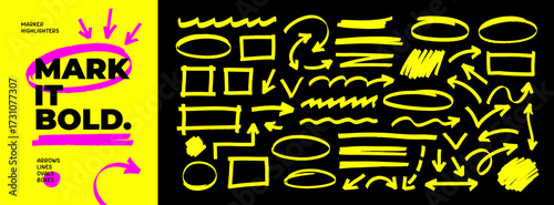 Yellow marker highlight set. Underlines, emphasis elements and arrows for hand drawn notes and text design. Vector bold marker strokes, ovals and rectangle frames. Hand drawn highlighters.