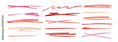 Crayon drawn lipstick colored strikethroughs and underlines for text design. Doodle vector straight strokes for hand drawn beauty industry design. Red and pink highlighters and underlines.