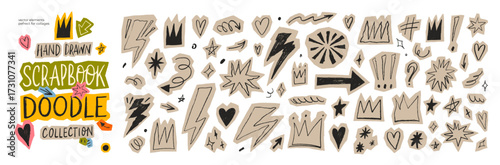 rayon drawn scrapbook doodle collection. Hand drawn scribbles for collages. Crayon drawn lightnings, crowns, stars and arrows. Rock and roll punk stickers for scrapbook design collages.