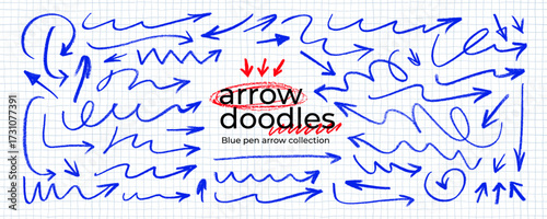 Blue pen arrow collection on checkered paper sheet. Hand drawn crayon various arrows, curved, wavy and straight lines. Direction pointers for notes, doodle and school design. Playful emphasis elements