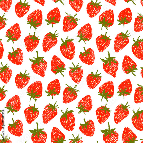 Red crayon drawn strawberries seamless pattern. Childish funky wrapping paper.