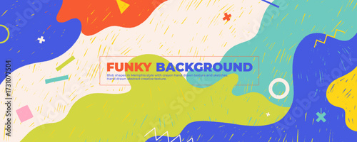 Memphis Playground Pattern with Pastel Chalk Texture and Fun Geometric Shapes for a 90s Background. Funky aesthetic kid background with place for text. Colorful playful geometric shapes.