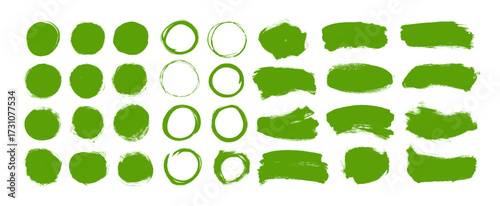 Various eco labels and organic brush drawn tags. Hand drawn grunge texture, green bold brush strokes and circle stamps. Bio product stickers, eco-friendly graphics, handmade round seals.