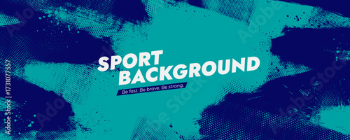Scratch frame halftone sport background. Urban grunge banner texture. Turquoise blue graphic design backdrop. Brush strokes with text place.