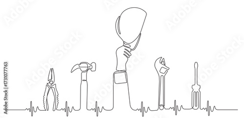 A continuous line drawing of a helmet, hammer, and construction equipment, for a Happy Labor Day Banner. Vector illustration, Design template.