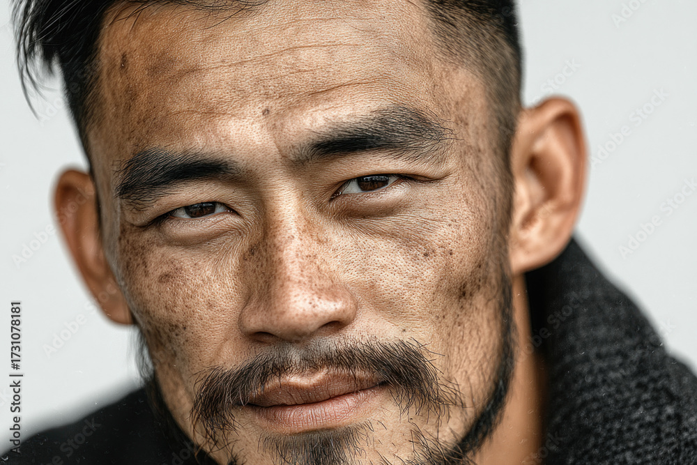 Obraz premium Close-up portrait of a rugged man with dirt on his face, intense gaze, and a quiet, moody expression. Subtle lighting highlights texture, pores, and emotional depth.