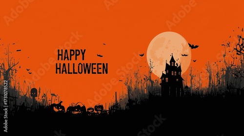 Halloween background illustrations with haunted houses bats pumpkins and full moon, with 'happy halloween' text
