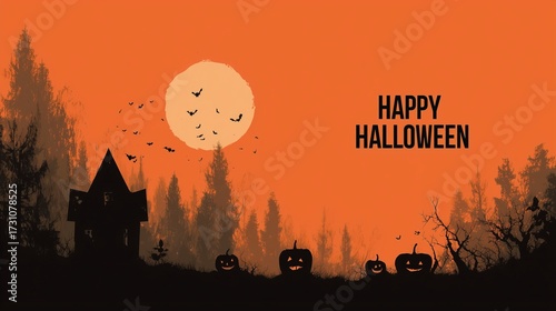 Halloween background illustrations with haunted houses bats pumpkins and full moon, with 'happy halloween' text
