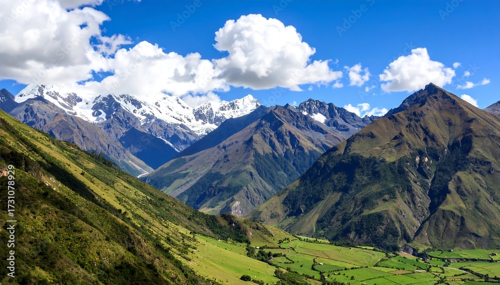 Fototapeta premium Mountain valley panorama with snow-capped peaks