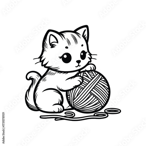 Cute kitten playing with a ball of yarn indoors (8)