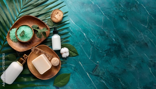 serene spa day luxurious self care and pampering session with natural ingredients flat lay showcasing organic skincare products lush tropical leaves and calming teal marble background