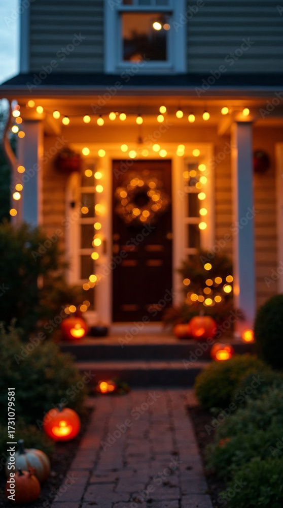 Obraz premium Cozy front porch of a home decorated for fall or halloween with string lights pumpkins and wreaths