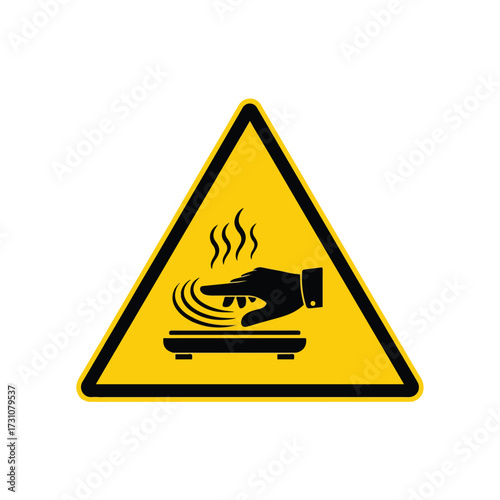 Hot surface warning sign with burn hazard symbol.