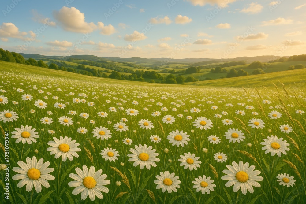 Fototapeta premium Sunny spring meadow with daisies and tall grass under bright blue sky panoramic