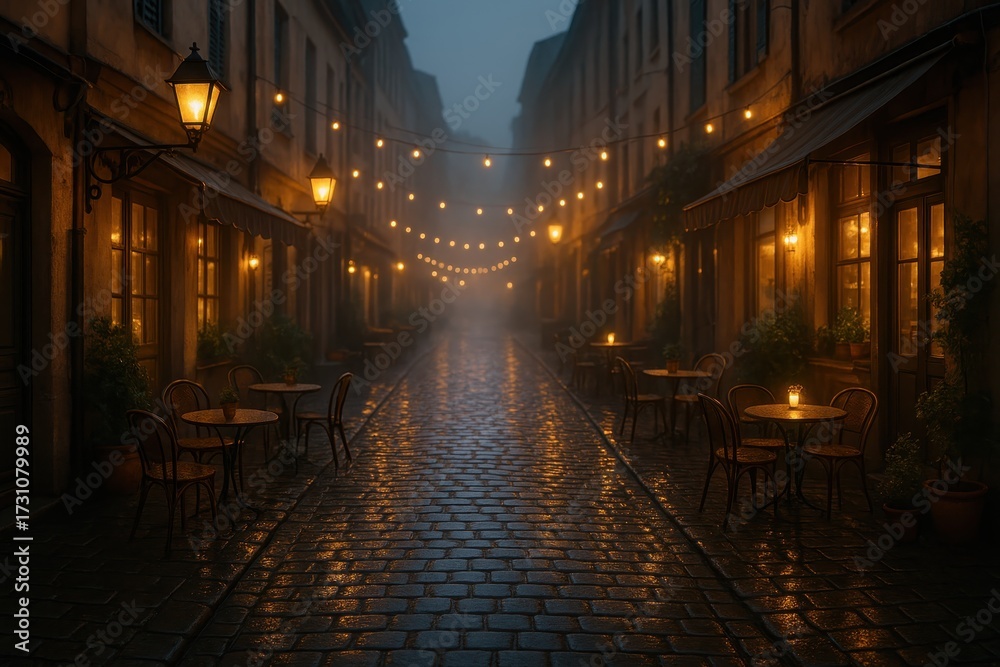 Fototapeta premium Narrow cobblestone lane with warm lamps and cozy cafe terraces at blue hour strolling scene