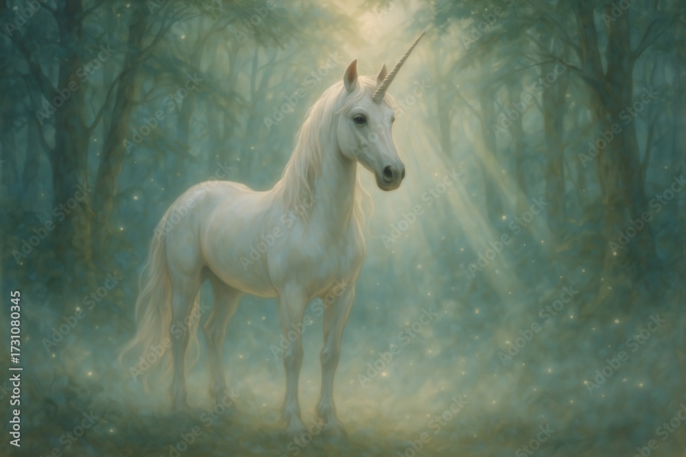 Obraz premium Mythic unicorn amid luminous misted forest with ethereal light and floating motes