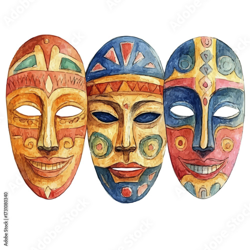 Colombian Cumbia Masks, watercolor painting vector, isolated on a white background.