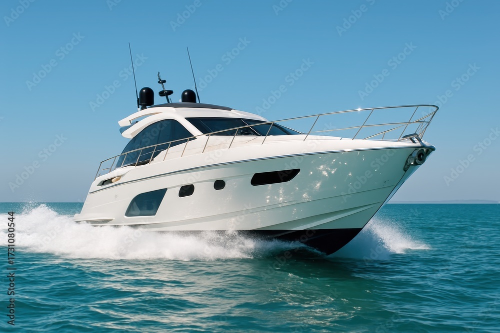 Fototapeta premium Sleek luxury motor yacht cutting turquoise waves under clear summer horizon