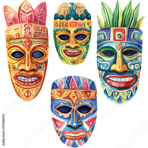 watercolor of Colombian Cumbia Masks, vector, isolated on a white background.