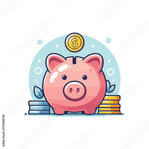 Cute piggy bank surrounded by coins and leaves