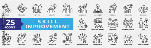 Skill Improvement Icons Collection Set. Containing career, teamwork, skill, success, leadership, knowledge, upskilling, training and mentoring icon. Simple Line Vector Illustration.