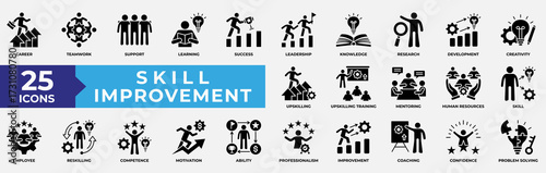 Skill Improvement Icons Collection Set. Containing career, teamwork, skill, success, leadership, knowledge, upskilling, training and mentoring icon. Simple Solid Vector Illustration.