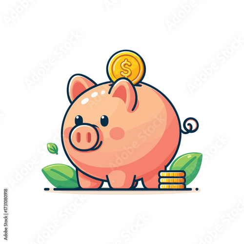 Cute piggy bank with coins and leaves in background