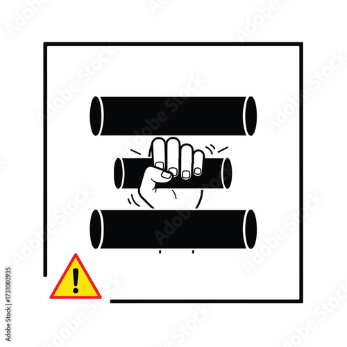 Pinch point hazard symbol showing a hand crushed between rollers.