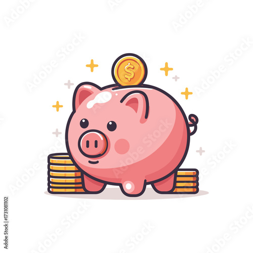 Cute piggy bank with coins, symbolizing savings and finance (1)