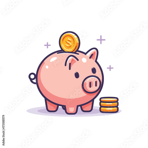 Cute piggy bank with coins, symbolizing savings growth