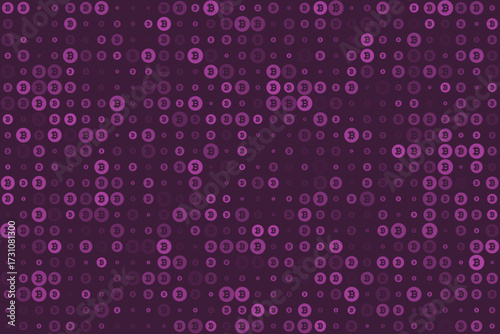 Dynamic digital pattern of Bitcoin cryptocurrency symbols in varying shades of purple and pink, creating an abstract background for blockchain and financial technology concepts.
