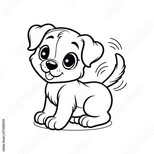 Cute puppy sitting happily with wagging tail indoors