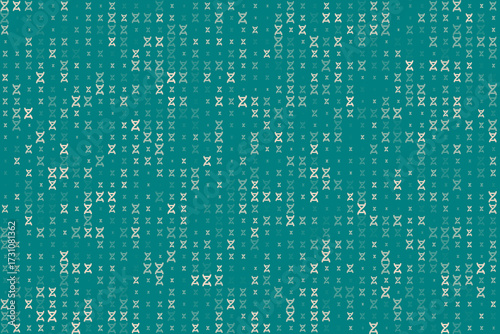 Abstract seamless pattern with repeating DNA helix symbols in varying shades on a teal background, representing genetics and biotechnology.