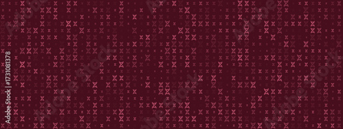 Abstract seamless pattern with genetic or molecular shapes in shades of red and pink on a dark background, representing science and technology.