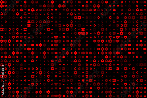 Abstract seamless pattern with red geometric flower shapes on a dark black background, digital art illustration.