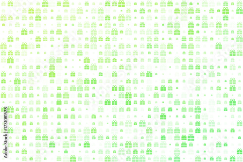 Seamless pattern of scattered green gift boxes with bows on a clean white background, perfect for festive designs and celebrations.