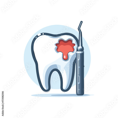 Dental tools and tooth illustration with blood detail