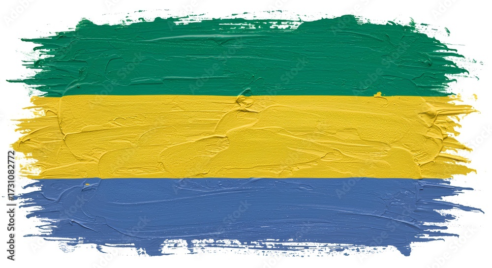 Obraz premium An abstract artistic version of the Gabon flag, with green, yellow, and blue horizontal bands painted in textured brush strokes, expressive and modern.