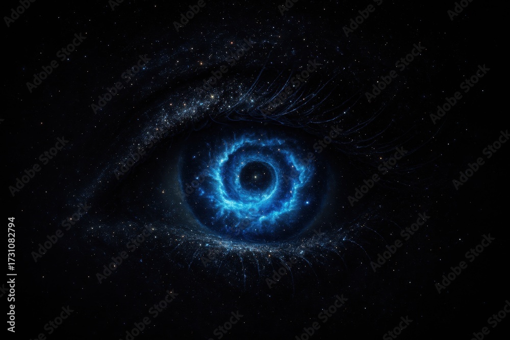 Obraz premium Cosmic iris swirling with nebula clouds and stardust emerging from deep black