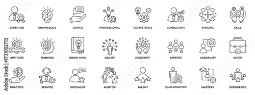 Expert Line Icons Collection Set. Containing advice, competence, expertise, knowledge, skill, specialist, experience and more. Simple Line Vector Illustration.