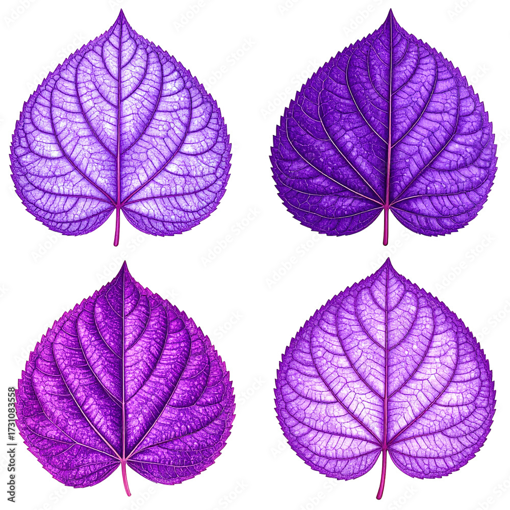 Obraz premium Four vibrant purple leaves display intricate venation patterns isolated on a transparent background.
