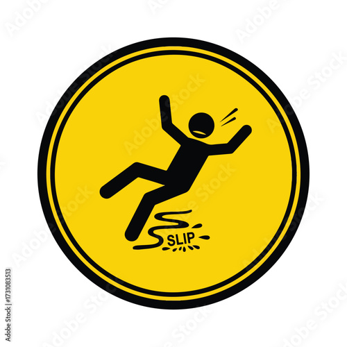 Yellow Circular Warning Sign for Slippery Surface Hazard.