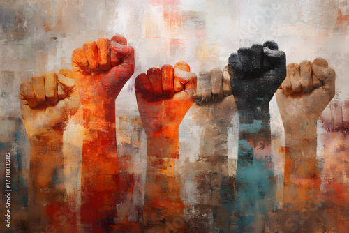 An evocative oil painting showcasing raised fists symbolizing strength and solidarity.