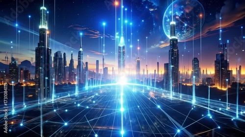 Futuristic urban landscape with interconnected digital networks shining under cosmos vision