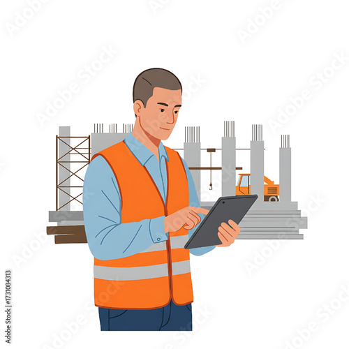 Construction Engineer Using Tablet for Site Management and Inspection