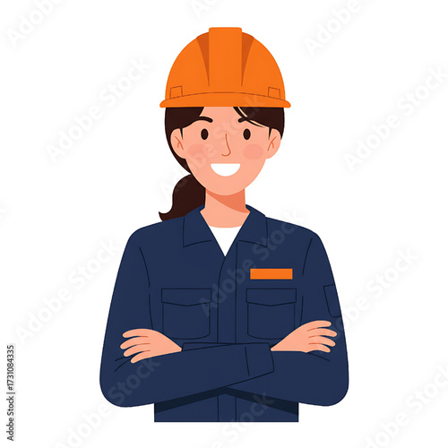 Smiling Female Construction Worker in Hard Hat and Uniform with Arms Crossed