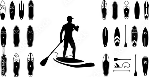 Paddle boarding equipment silhouettes, Paddleboard silhouette,Paddleboarding silhouettes, Paddleboard, Paddleboard vector, Paddle surfers